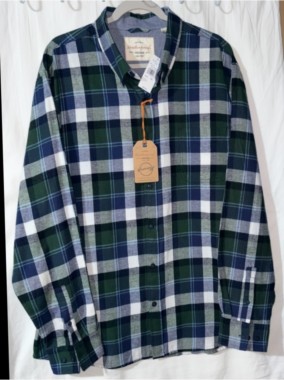 Weatherproof Vintage Men’s Green Navy White Plaid Flannel Button-Down Shirt XXL